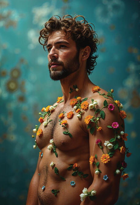 Surreal male portrait with flowers, floral masculinity art — BLOOMS by Domus Gallerus