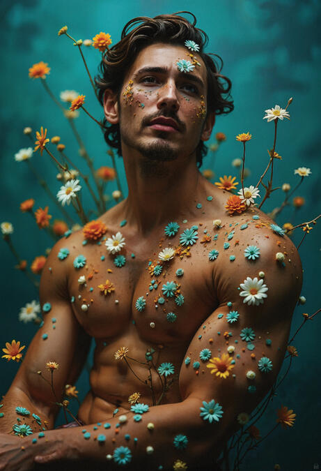 Surreal male portrait with flowers, floral masculinity art — BLOOMS by Domus Gallerus