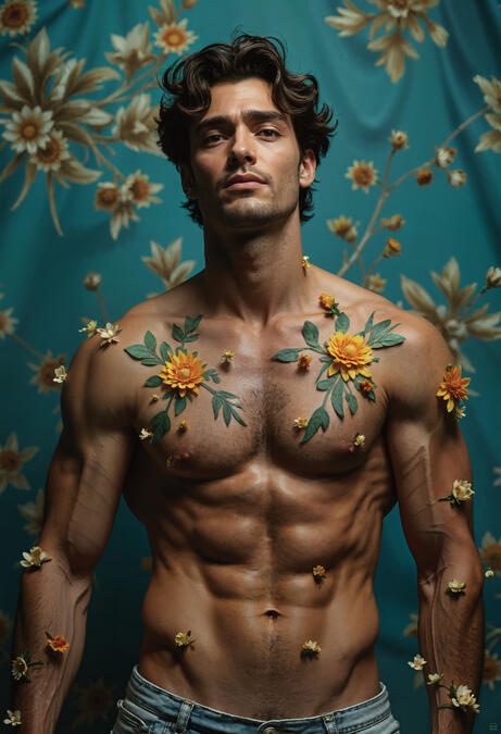 Surreal male portrait with flowers, floral masculinity art — BLOOMS by Domus Gallerus