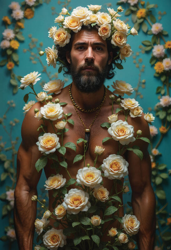 Surreal male portrait with flowers, floral masculinity art — BLOOMS by Domus Gallerus