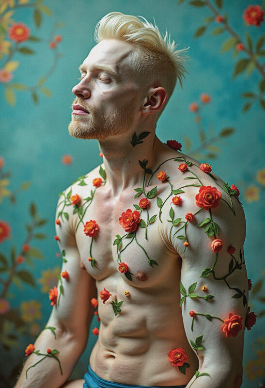 Surreal male portrait with flowers, floral masculinity art — BLOOMS by Domus Gallerus