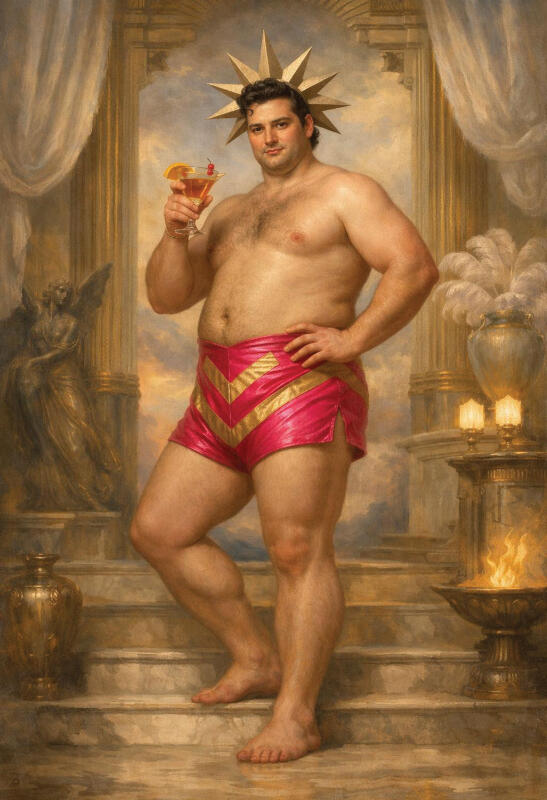 Surreal male figurative art, mythological characters portrait with vintage texture — The Human Mirror by Domus Gallerus Plus-size models, gay bears, body positive, LGBTQIA+.